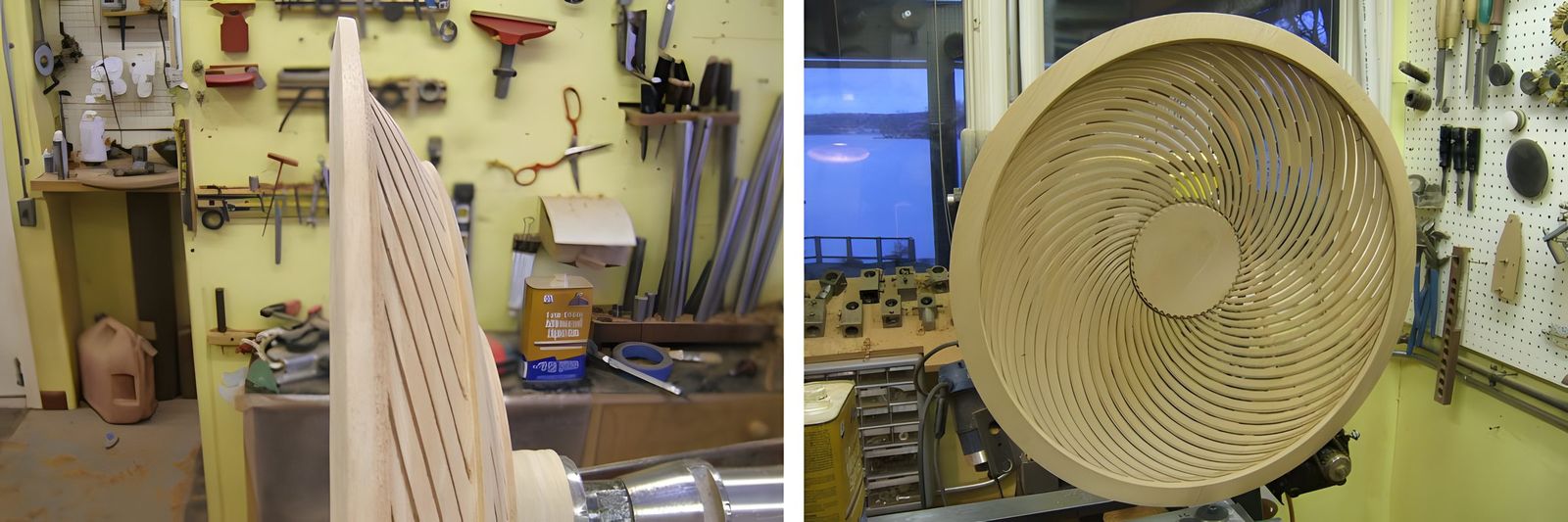 In the previous panel the center photo shows the linkage that produces the swirls.