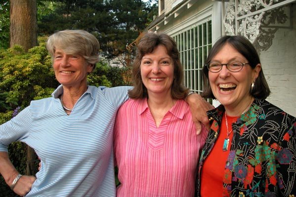 Polly Busselle Bishop, Nancy Smoyer, Trika Smith-Burke on the Cornforths' terrace.